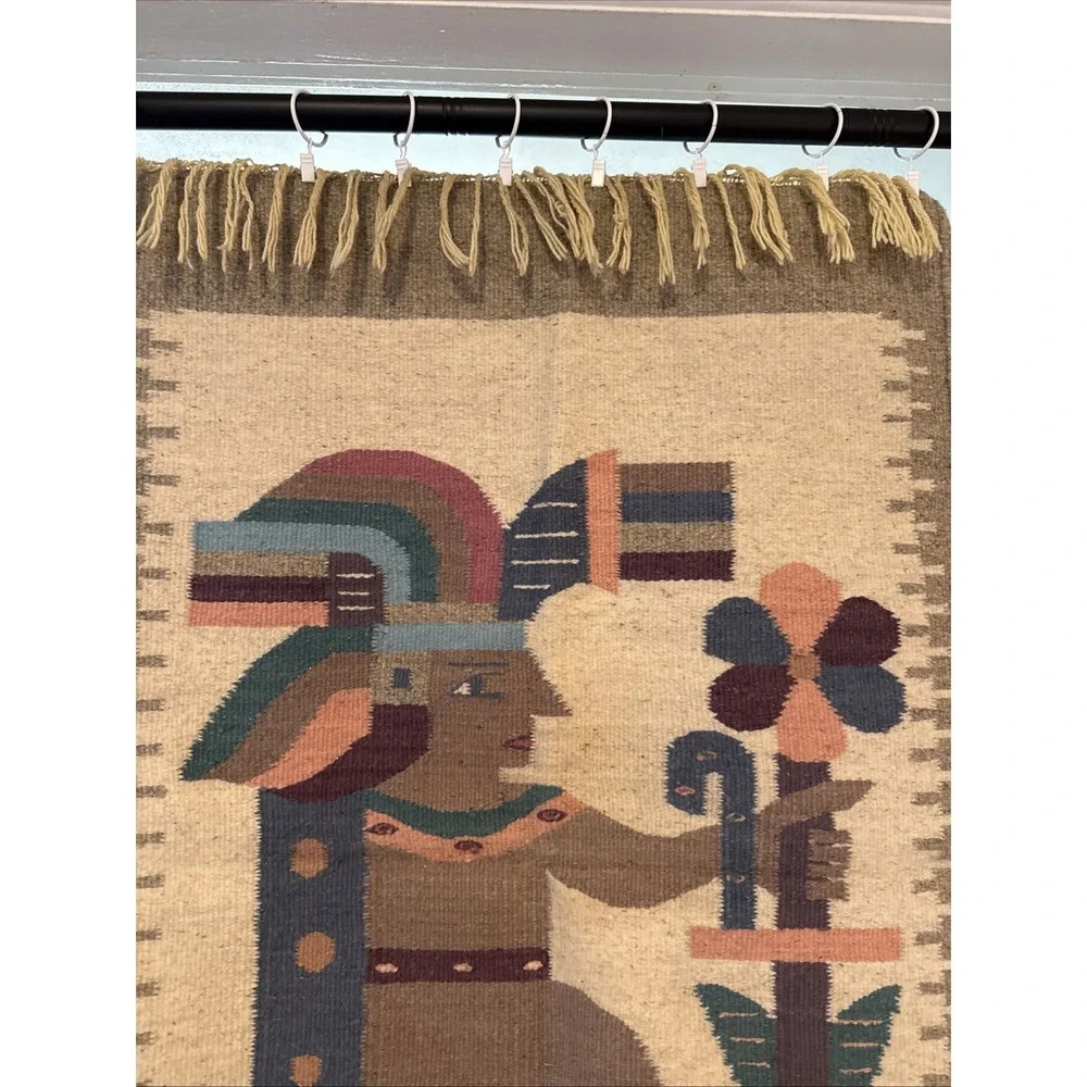 Vtg Rug Wool Hand Woven Aztec Pictorial Mexico Tapestry Prayer Rug/ Hang 36